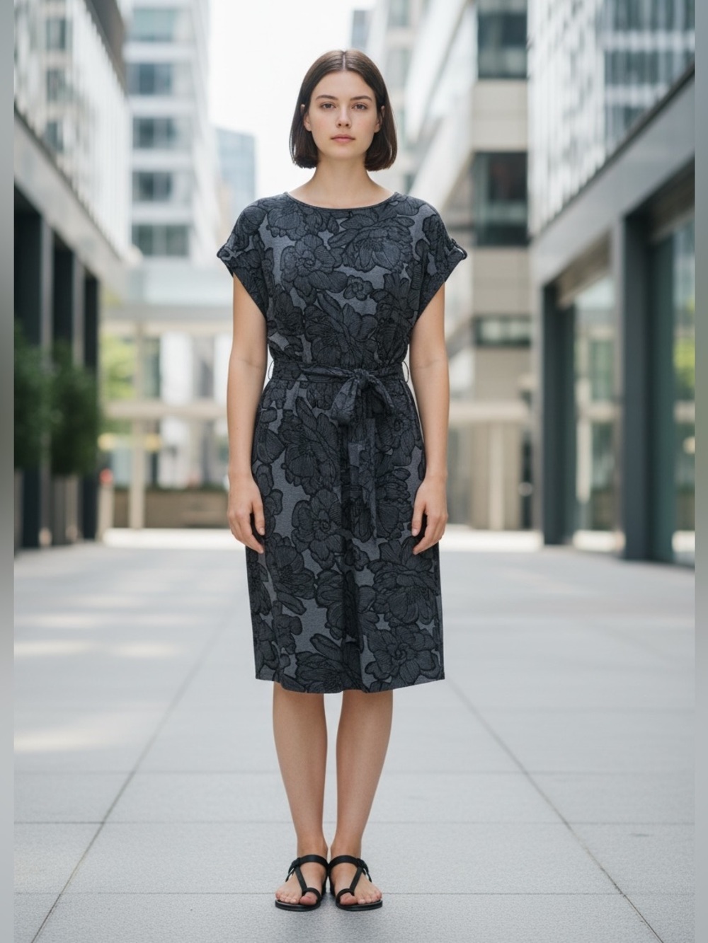 NEW, Reitmans, Floral Tie Waist Dress Medium, Gray Black Stretch Viscose Dress